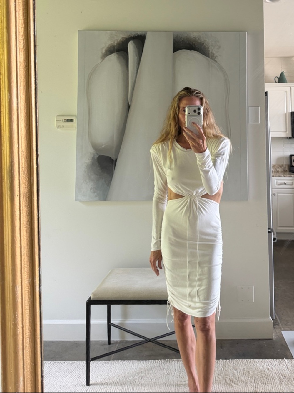 Manuri Soft White  Long Sleeve backless Twist Front ruched Midi Dress S